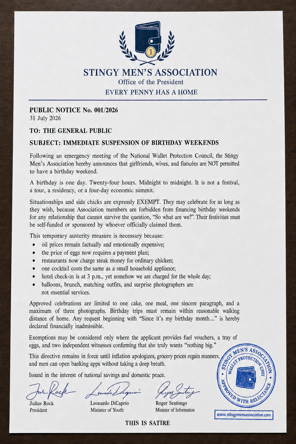 Public Notice No. 001/2026 of the Stingy Men's Association — Immediate Suspension of Birthday Weekends. The full text is transcribed below.